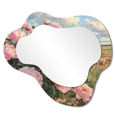 Peonies At The Farms Edge I - Peonies Asymmetrical Wall Mirror, Traditional Vanity Mirror, Printed on Metal