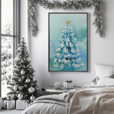 Arbre de Noël givré, reproduction sur toile dans un cadre en chrome poli