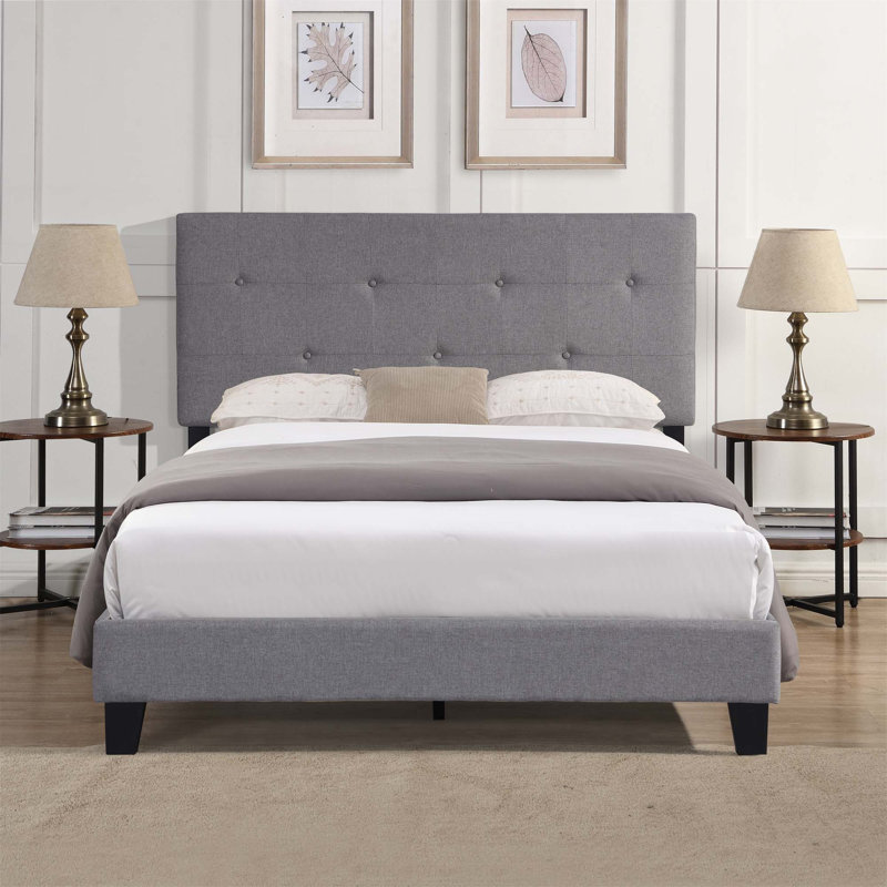 Queen Size Upholstered  Platform Bed Frame With  Pull Point Tufted Headboard, Strong Wood Slat Support, Mattress Foundation, No Box Spring Needed, Easy Assembly