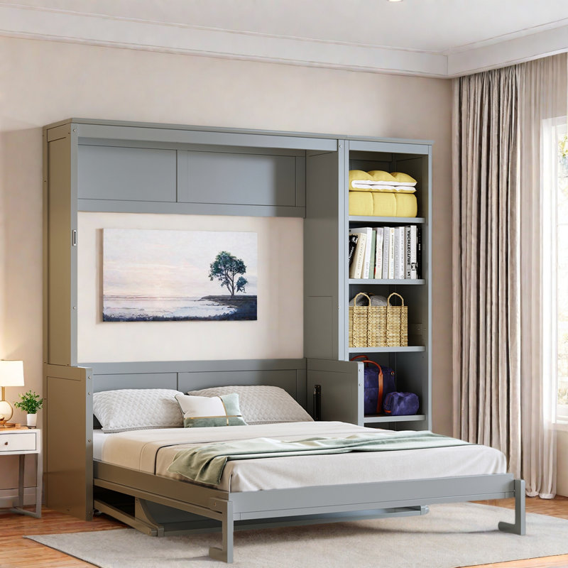 Lit escamotable avec bureau et tablettes Murphy, Gris, Double