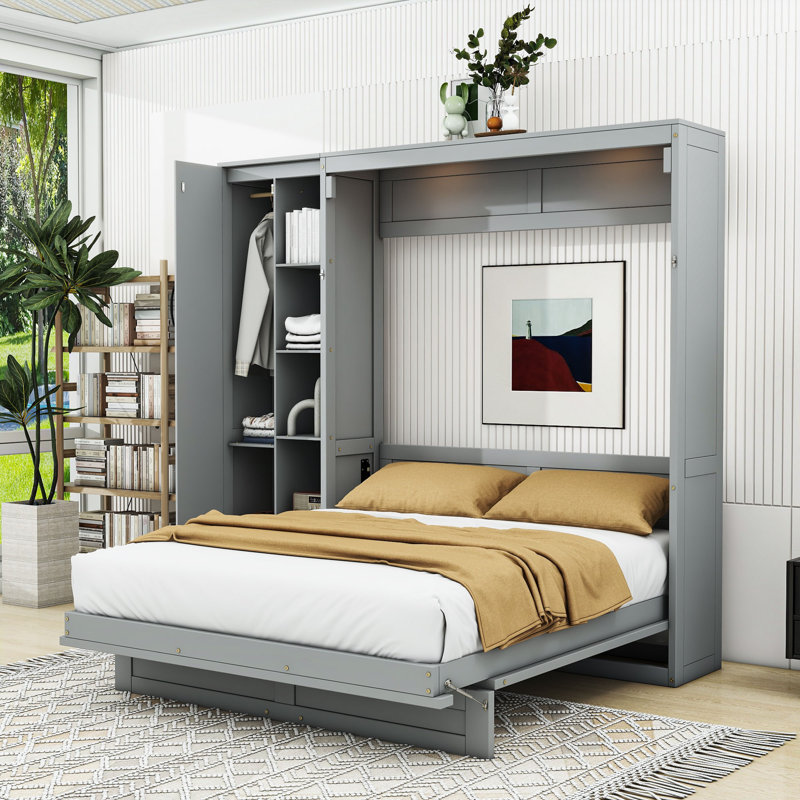 Lit escamotable mural Murphy avec tablettes intégrées, garde-robe et éclairage DEL, gris, Double