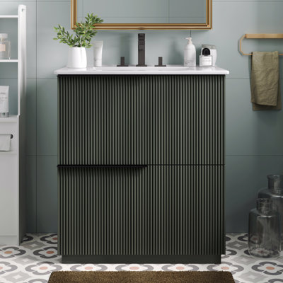 Meuble-lavabo de 30 po avec lavabo en céramique et tiroirs pleine extension, glissières de tiroir à fermeture en douceur, conception cannelée