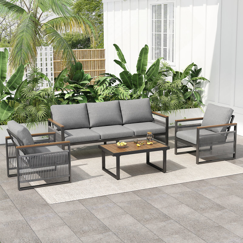 4-Pieces Outdoor Metal Patio Furniture Set, 5-Seat Patio Furniture Sofa Set with Cushion, Modern Outdoor Furniture Deep Seating for Porch, Garden