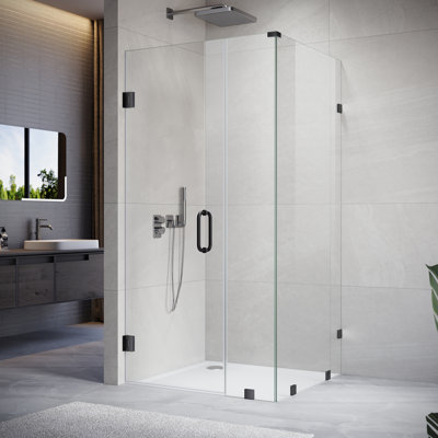 UKH07 43-1/8 to 44 in. W X 35 in. D X 80 in. H Frameless Hinged Shower Door in Matte Black with EnduroShield 3/8 in. Clear Glass with 26 in. Door Panel