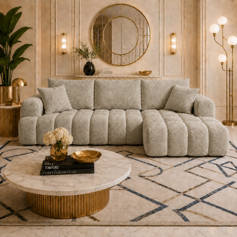 Classic Boneless L-shaped Chenille Fabric Upholstered 3-Seater Sectional Sofa with Two Pillows, Right Hand Facing