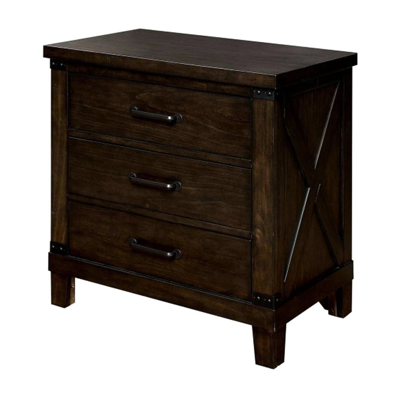 3 tables de chevet en bois de noyer foncé rustique avec poignées noires pour 3 tiroirs