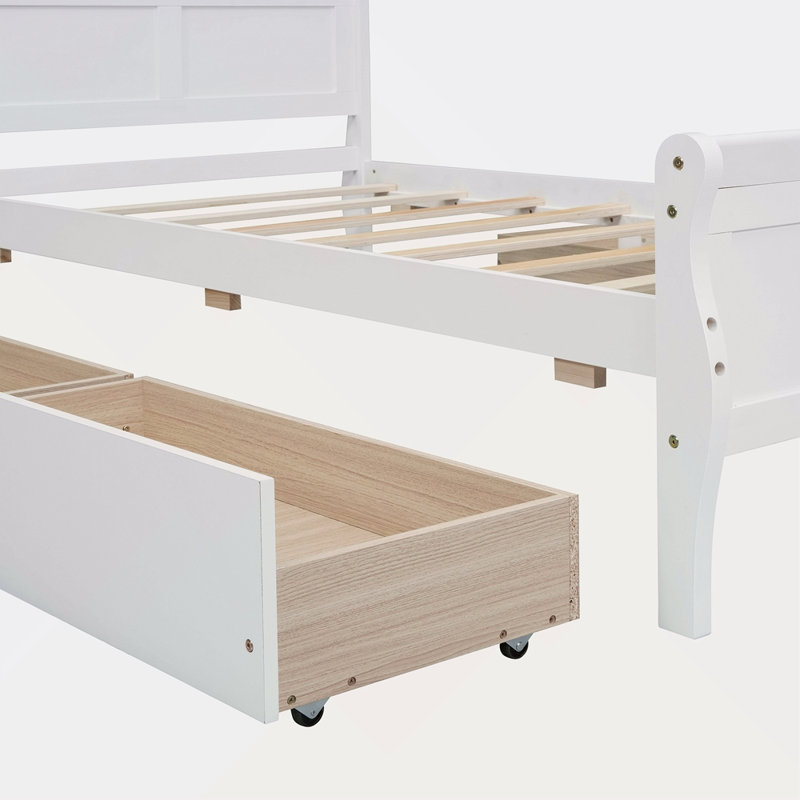 Lit plateforme en bois avec 4 tiroirs et tête et pied de lit profilés, Lit simple
