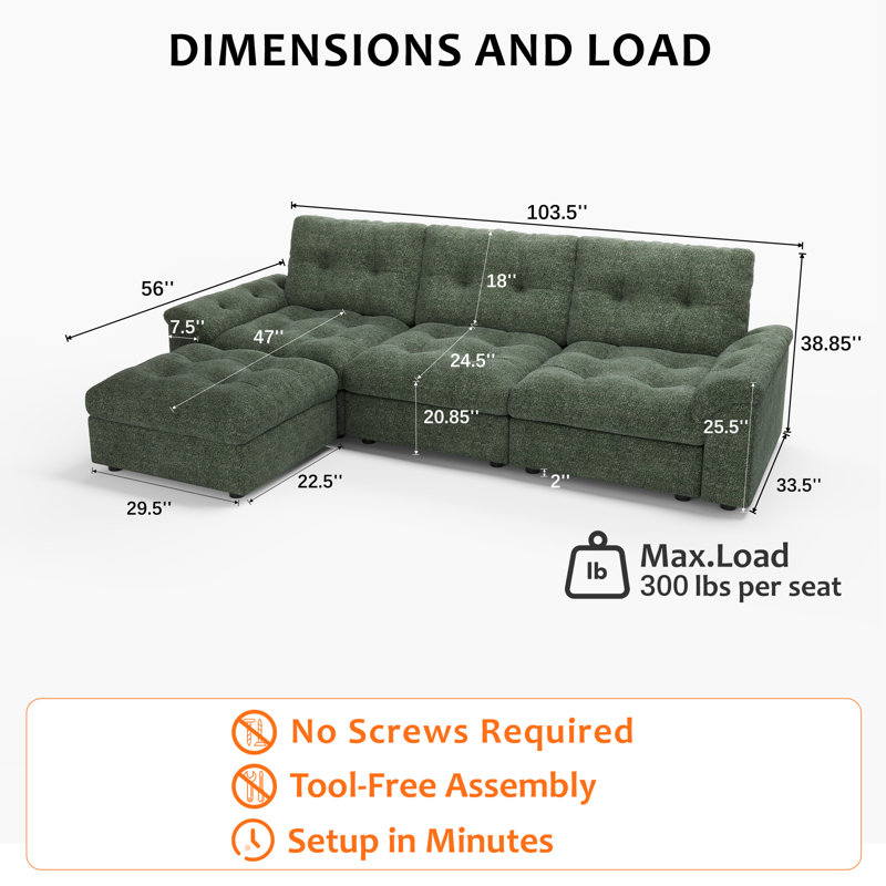 Canapé modulaire 103,5 po Cloud, Chenille verte, H 38,85 po x l 103,5 po x P 56 po