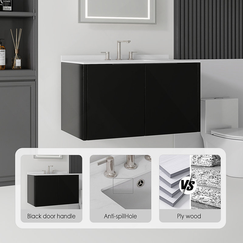 Meuble-lavabo flottant avec lavabo, portes à fermeture en douceur, Noir, L 36 po