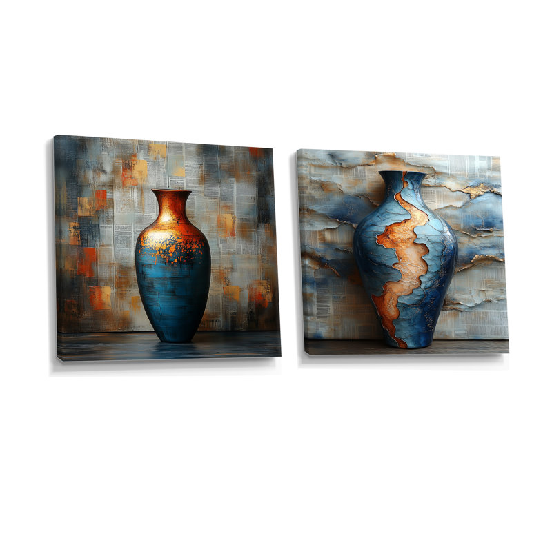 «Golden Blue Celestial Pottery Dreams III - Boho Pottery Wall Art - Art mural traditionnel pour le salon 2 pièces