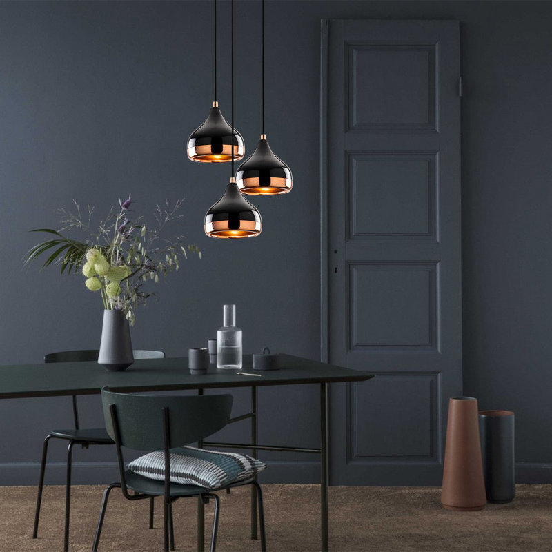 Luminaire suspendu en forme de dôme à 3 lumières Laelia, Noir, Noir / or