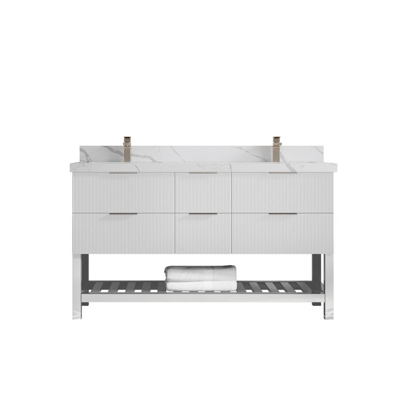 Meuble-lavabo double 60 po avec plateau en quartz Catalina