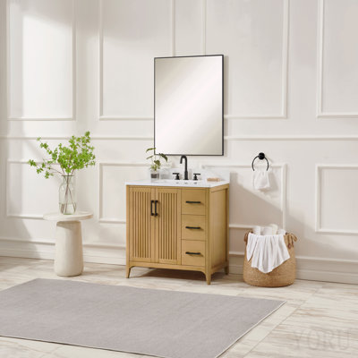Meuble-lavabo de salle de bain en bois massif préassemblé de 91 cm (36 po) avec Us Power – Chêne naturel