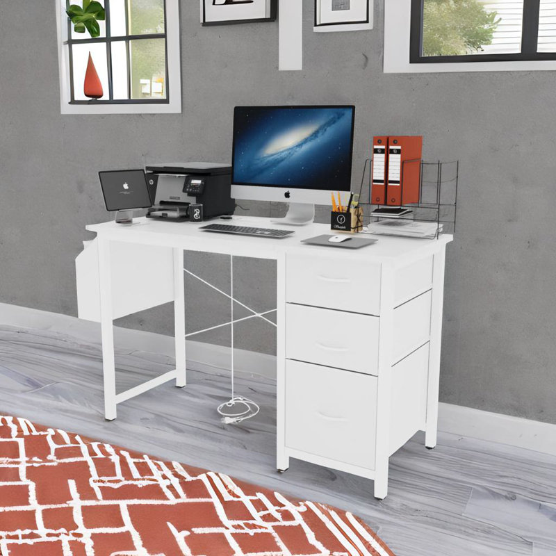 Office Desk With Power Outlet, White, White