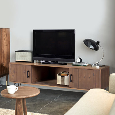 Reclaimed Wood Industrial Tv Cabinet With 2 Storage Compartments - Simple & Generous Design, Solid Wood, Natural, 60" X 18" 20 Media Spaces Natural Finish, Living Room, 60 In Deep, 18 Wide, Tall