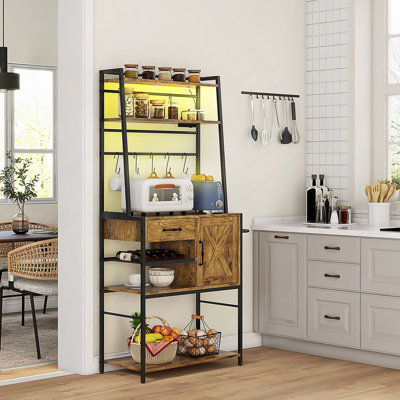 Étagère de boulanger avec prise de courant et lumières DEL, bar à café avec tablettes de rangement, support à micro-ondes industriel avec porte-bouteilles de vin, tiroir, armoire de porte de grange