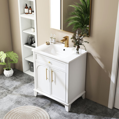 Meuble-lavabo moderne de 27,8 po, conception élégante, rangement pour articles de comptoir, base en bois massif, l 18,7 po x P 27,8 po H 34 po haut de gamme avec tiroirs, pieds peints,