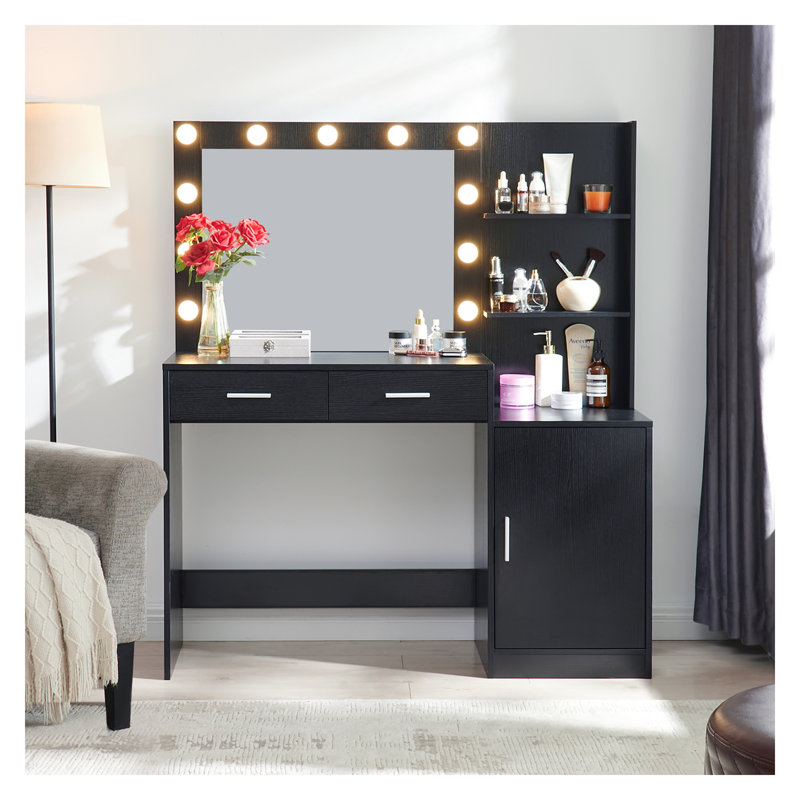 Bureau de coiffeuse avec miroir et lumières, coiffeuse 46,4 po avec 2 grands tiroirs et grand organisateur vertical, commode à 3 niveaux et 3 modes d'éclairage à luminosité réglable, convient à la chambre à coucher