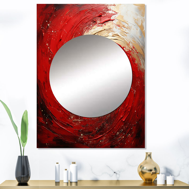 Raddy rouge et or fantaisiste tourbillon spirale - abstrait spirales miroir, miroir mural décoratif rouge, art imprimé en métal
