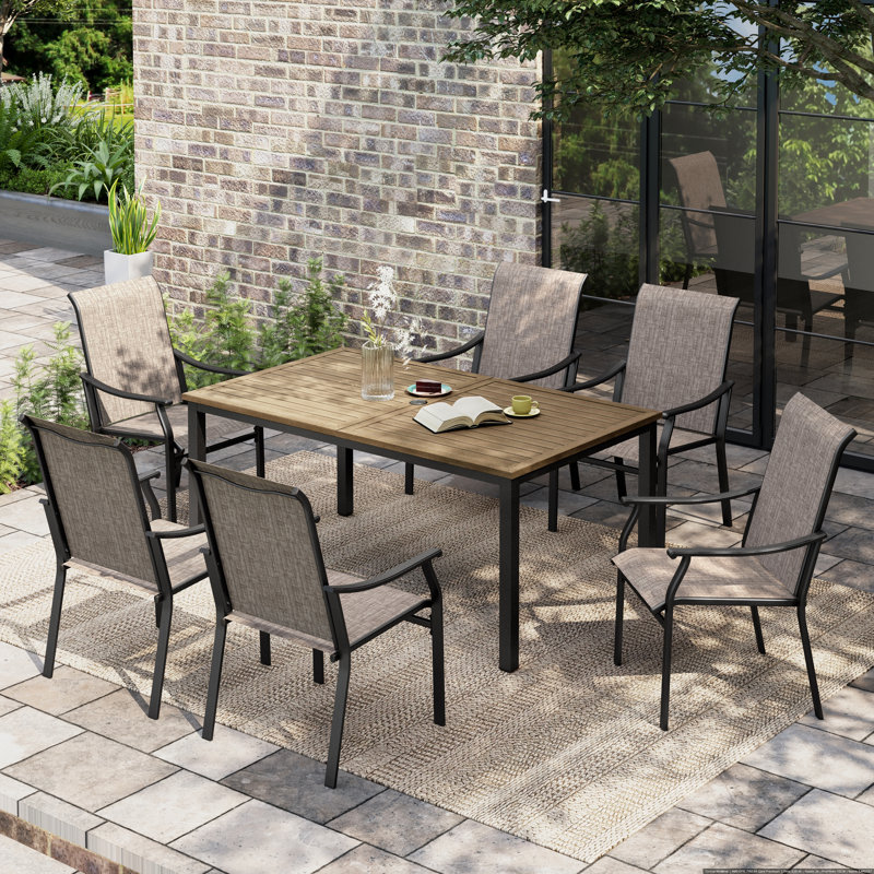 6-Person Rectangle Outdoor Patio Dining Set Wood-Like Metal Table With Chairs