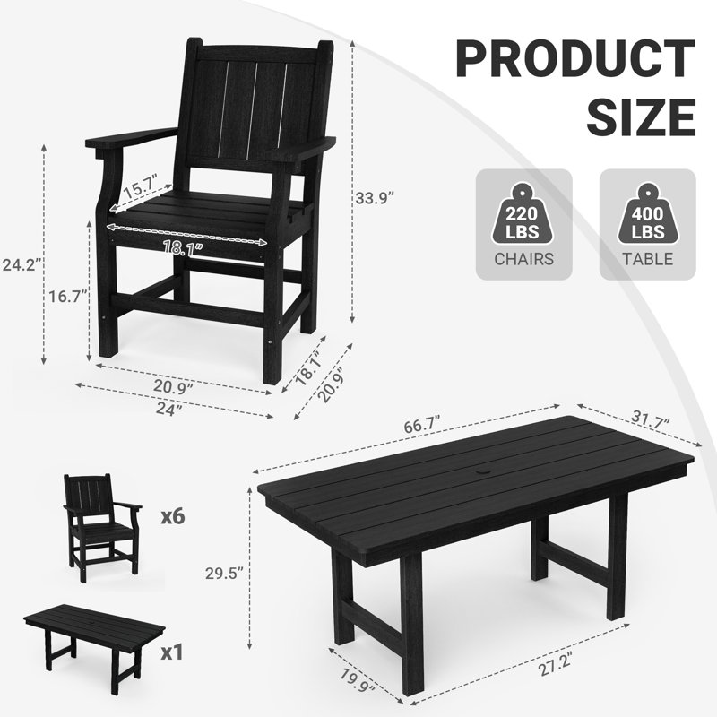 Davonia 7-Piece HDPE Plastic Patio Outdoor Dining Set with Arm Chairs, Black