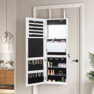 Jewellery Armoire Cabinet Wall Mounted Mirror LED Light Jewellery Organizer Full Length Mirror Over The Door Hanging Jewellery Storage Cabinet Make Up Organizer 2 Drawers 5 Shelves