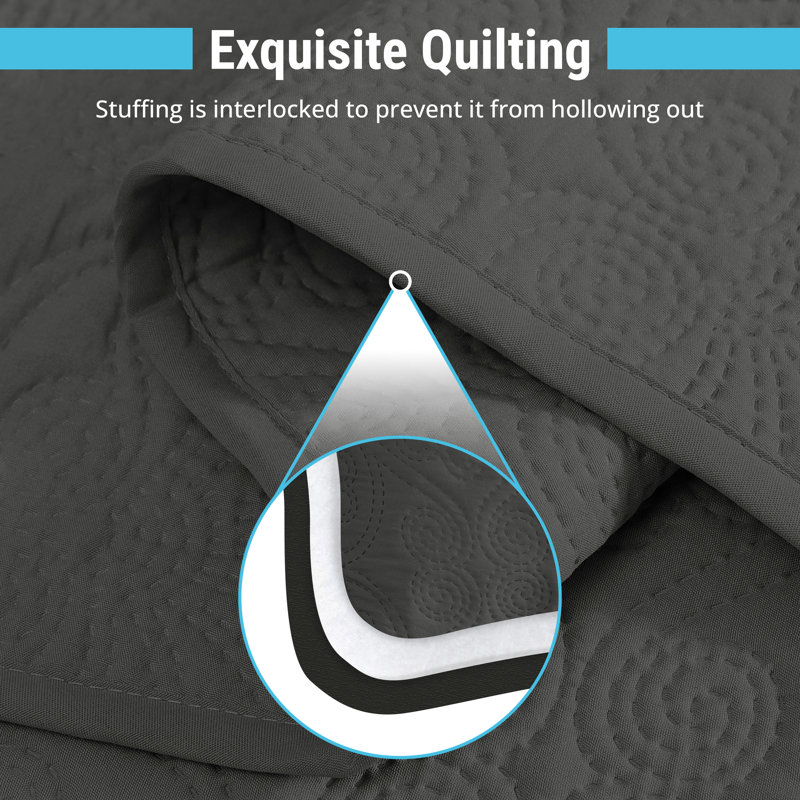 HLC.ME Benji - 3 Piece Quilt Set, Lightweight Bedspread Coverlet Quilt, Queen Quilt + 2 Standard Shams, Charcoal Gray