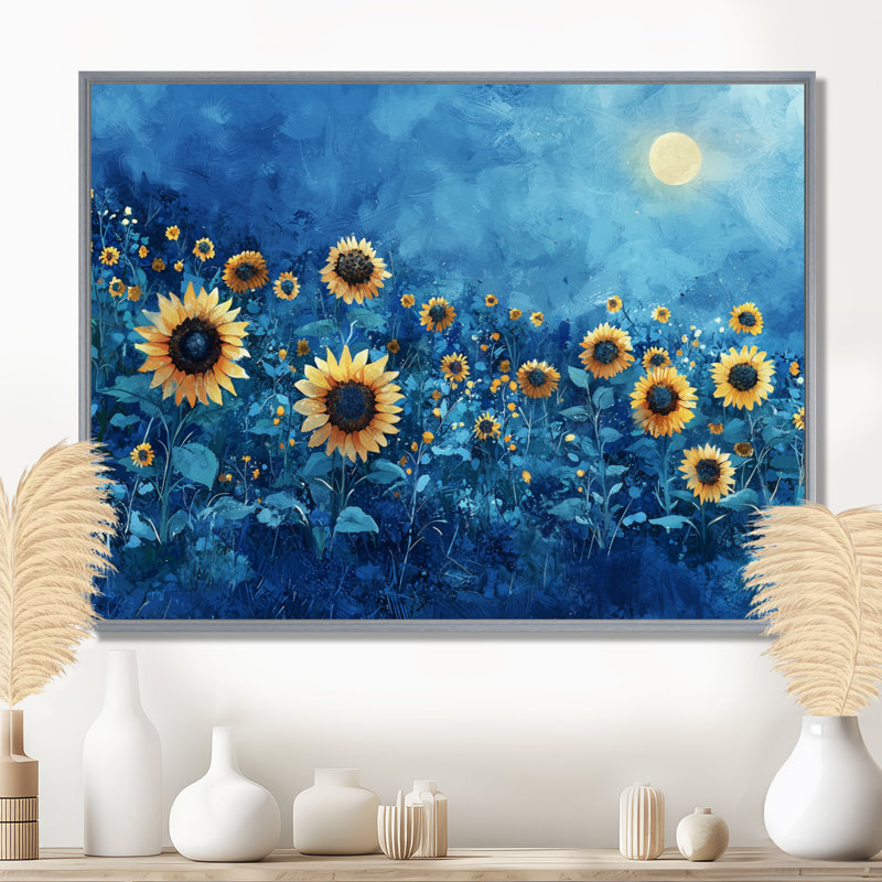 Donnas Midnight Sunflowers par Vincent III - Art mural tournesols, Argent argent, H 30 po x l 40 po, Floater Framed