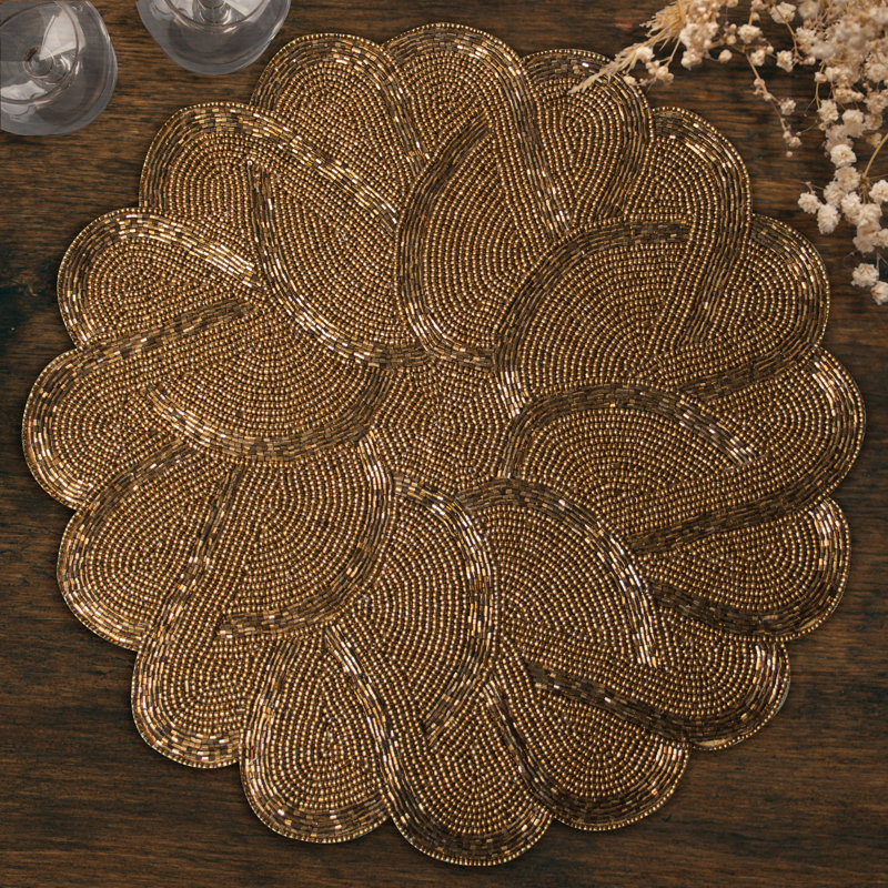 Polyester Embroidered Round Placemat Set of 2 Blue Elegant Beaded Table Mats for Dining and Christmas Decor
