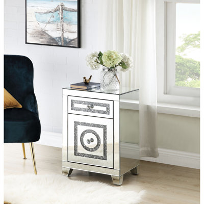 Elegant Mirrored Accent Table With Faux Diamonds Ornaments - 2 Storage Drawers, 46lb Diamonds, Sleek & Modern, Silver