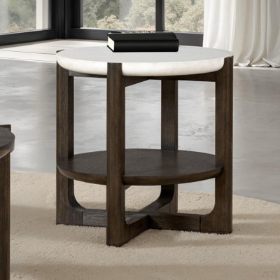 Table de bout de style transitionnel 1 pièce Table de bout en quartz avec base en tréteaux et finition noyer foncé