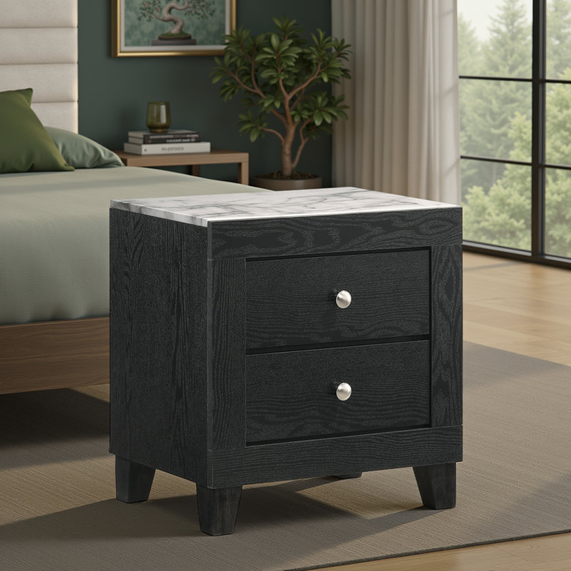 Table de chevet contemporaine noire et blanche - Plateau en faux marbre avec 2 tiroirs?