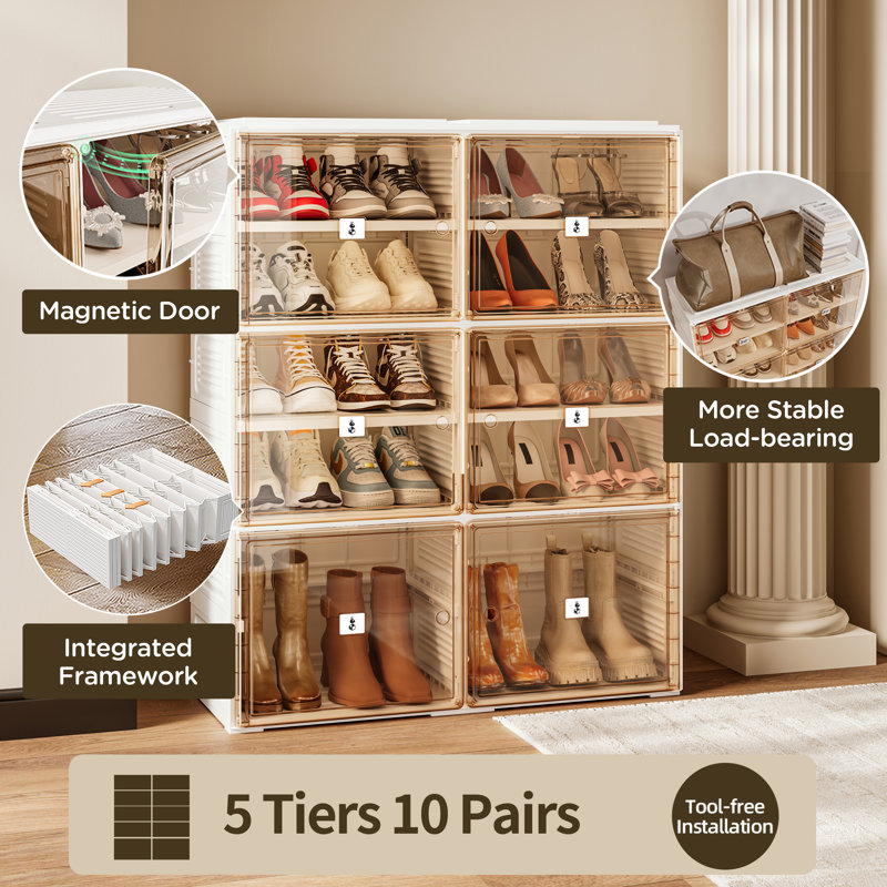 Foldable One-Piece Shoe Storage Rack Cabinet, Tool-Free Quick Assembly, Magnetic Clear Door, 5-Tier 20-Pair Capacity, Portable Closet and Entryway Organizer