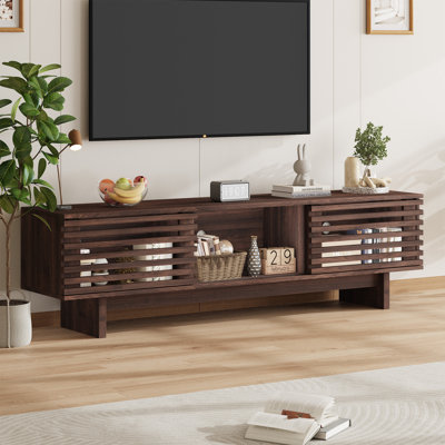 Meuble télé Farmhouse pour téléviseur de 65 po ou moins, meuble audio-vidéo en bois avec porte à persiennes, style Mid-Century
