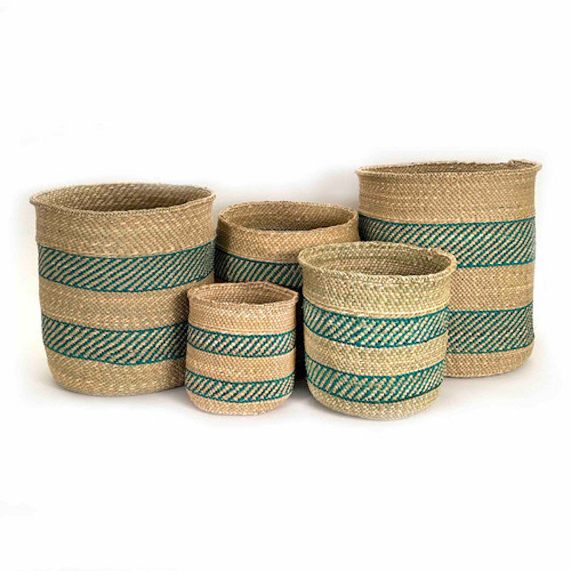Iringa Basket - Turquoise Stripe, 7.5" H x 7.5" W x 7.5" D