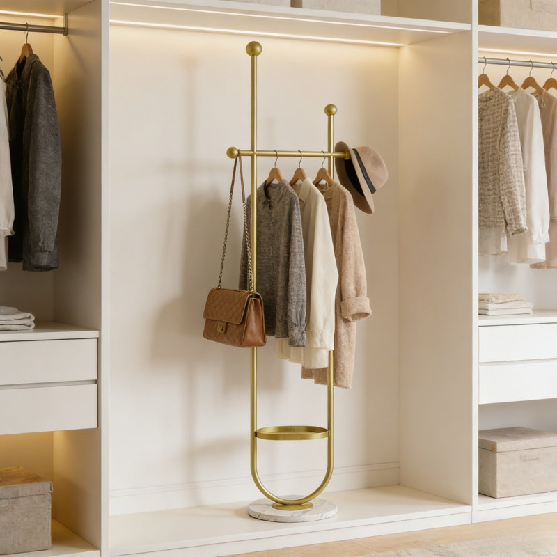 Golden Metal Clothes Rack with Shelf