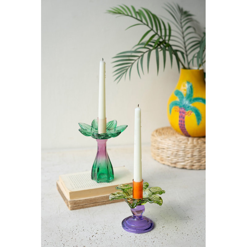  Set of Two Taper Candle Holders, Multicolor Glass Flower Design, Decorative Tabletop Decor