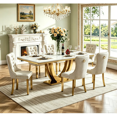 Luxury Marble Dining Table Set for , 68" Dining Room Table with Dining Chairs, White Dining Table with Faux Marble Top & Stainless Steel Pedestal, Large Dining Table and Chairs Set for Home Furniture