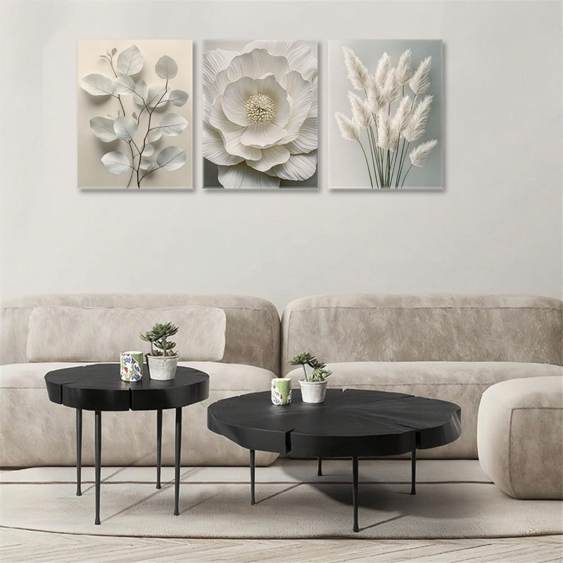 Crème blanc botanique 3 pièces, reproduction d'art sur toile 12 x 16 po