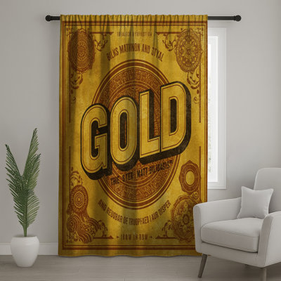 Vintage Gold Typography Window Curtains, Typography Sheer & Blockout Curtains - 1 Panel