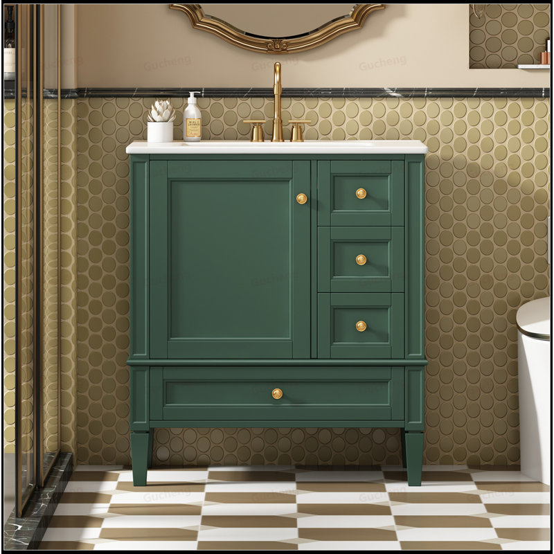 Meuble-lavabo 30 po avec tiroirs et lavabo en céramique, Vert/doré