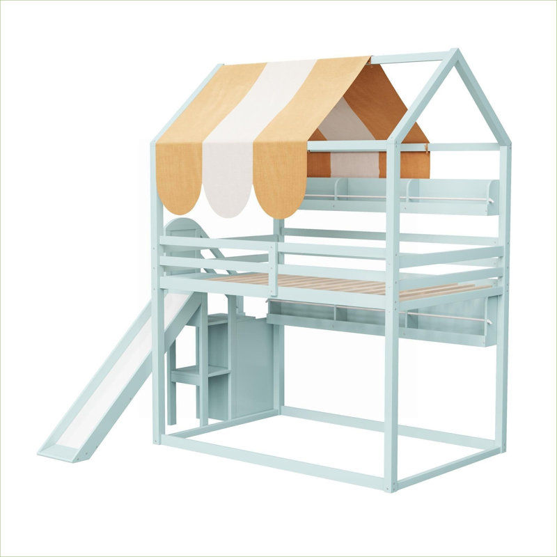 Structure de lit superposé en bois massif vert de style vert, style maisonnette pour chambre d'enfant avec glissoire et bibliothèque intégrée