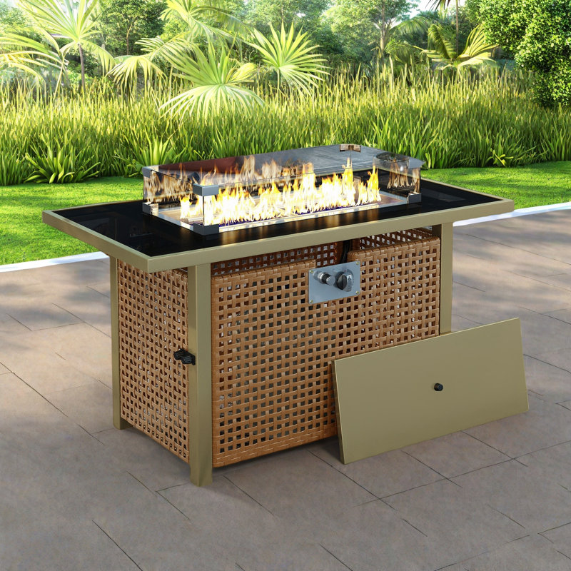 Foyer de table au propane avec pare-vent en verre et osier à motif de panier ouvert, Jaune orange