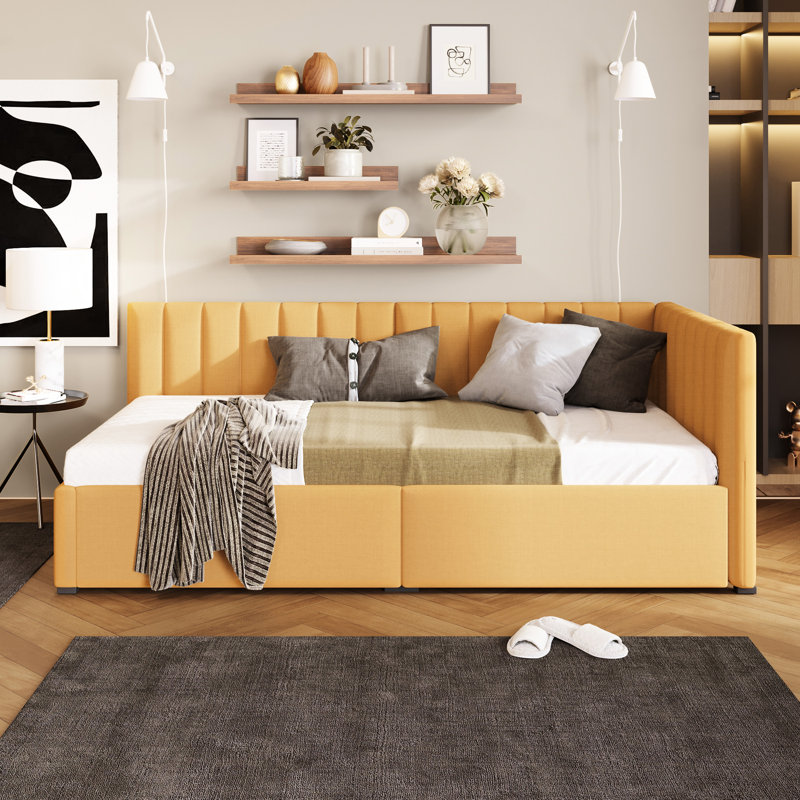 Lit de jour rembourré avec 2 espaces de rangement en lin jaune - lit simple, aucun sommier nécessaire pour une base de vie polyvalente