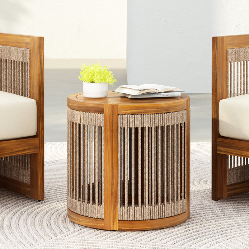 Outdoor Side Table 16.9", Wood Construction, Handwoven Rope Design, Patio Decor Piece, , Slatted Form