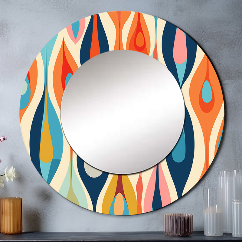 Rétro abstrait Drops Xi - miroir mural géométrique, miroir décoratif rond moderne, impression d'art en métal, 36 po x 36 po