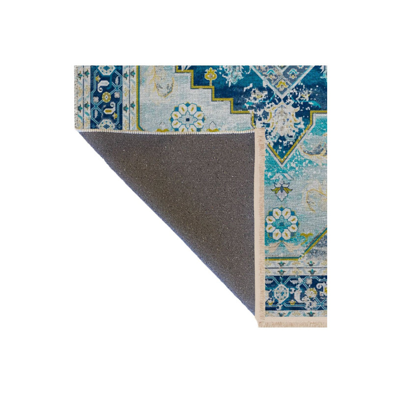 Tapis bleu lavable décoratif floral, Sous-tapis rectangulaire de 3 pi 3 po x 4 pi 11 po