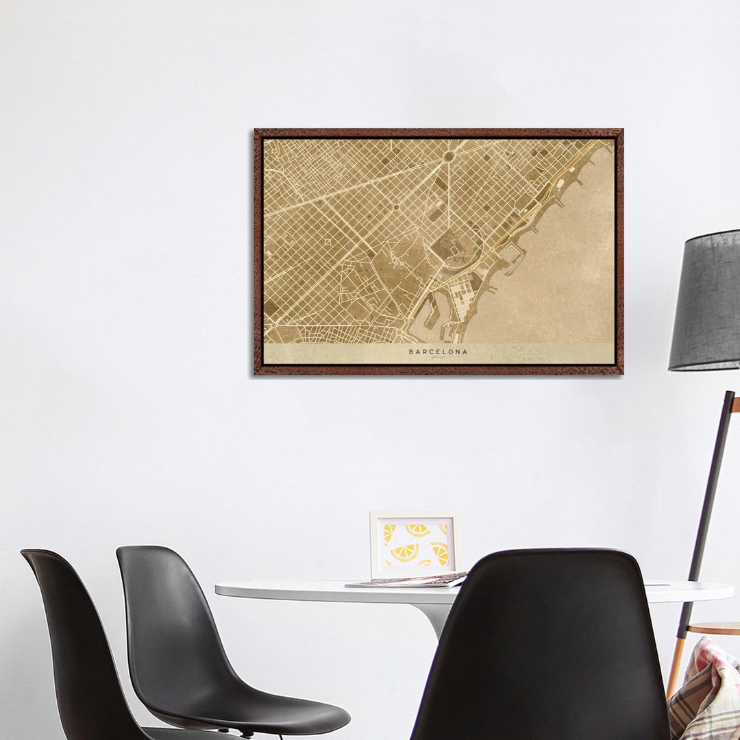 Vintage Sepia Karte von Barcelona Downtown von Blursbyai - Galerie-verpackte Leinwand Giclée auf Leinwand