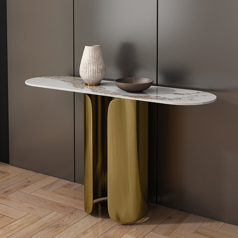 Table d'entrée moderne en pierre frittée minimaliste, H 33,4 po x l 47,2 po x P 15,7 po, Brun / Blanc, Doré