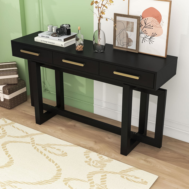Wood Console Table with Three Drawers, Black